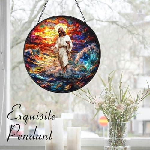 Zizzie Stained Glass Jesus Suncatcher - 7.9" Real Glass Walking on Water Window Hanging, Weatherproof Christian Religious Decor, Overcoming Storms Sympathy Faith Gift for Mom Pastor - Thumbnail 5