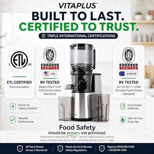VITAPLUS Stainless Steel Auger Cold Press Juicer, AC Motor Slow Masticating Juicer, Plastic-Free Extractor for Whole Fruits & Vegetables, 5.8" Wide Chute, BPA-Free, Easy to Clean, FDA21 CFR Tested - Thumbnail 3