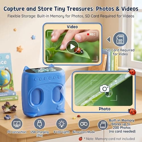 OAEBLLE 2-in-1 Kids Microscope and Telescope, 1000X Handheld Digital Microscope for Kids, 2.0" Screen, 8 LEDs, 10X Pocket Telescope for Outdoor, 1080P Camera STEM Toys Gifts for Boys Girls 4-12, Blue - Thumbnail 2