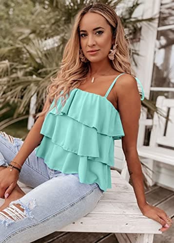 KIRUNDO Spaghetti Strap Ruffle Babydoll Peplum Tank Tops for Women 2026 Summer Cute Flowy Beach Vacation Cruise Outfits(Light Green, Small) - Thumbnail 6