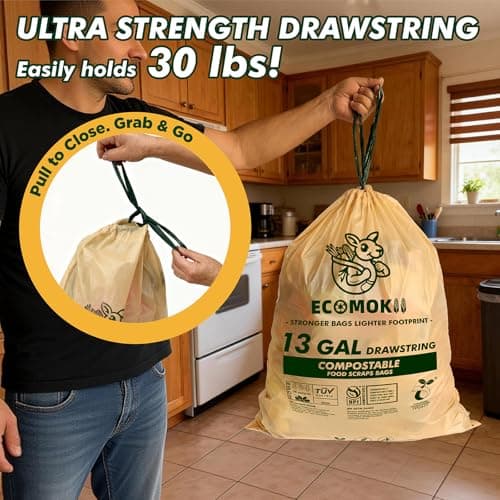 EcoMokii 13 Gallon Compostable Trash Bags with Drawstring, 30 Count, 49.2 Liter, 1.2 Mil Heavy Duty Extra Thick Large Kitchen Garbage Bin Liners, Compost Food Scraps Bag, BPI (ASTM D6400) - Thumbnail 5