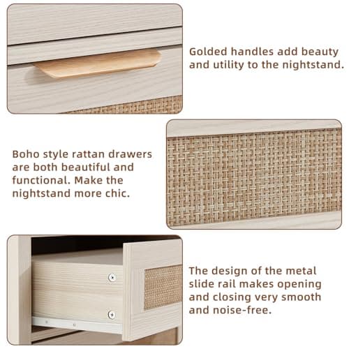 LEYAOYAO 31.5" Wide Rattan Night Stand with Charger Station, Large Boho 3 Drawer Nightstand, Grey White Bedside Table with Storage, 30" Tall Bed Side End Tables for Bedroom, Living Room, Hallway - Thumbnail 6