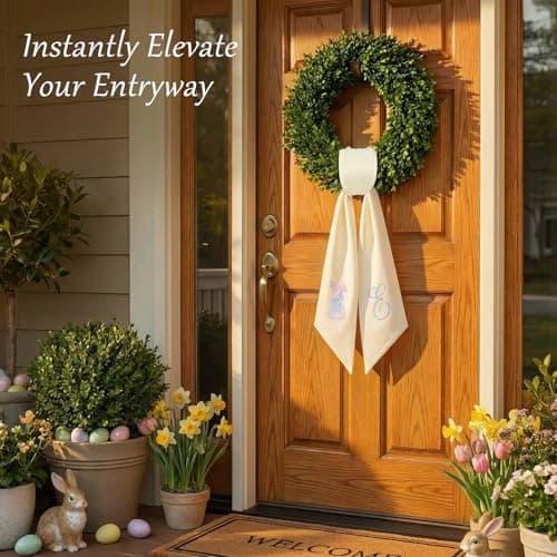 Easter Wreath Sash for Front Door (59" Long) - Embroidered [Bunny/Cross/Egg] Design Sash for Boxwood & Magnolia Wreaths - Elegant Spring Ribbon Decor with Heavy Drape, Wrinkle-Resistant & Washable - Thumbnail 3