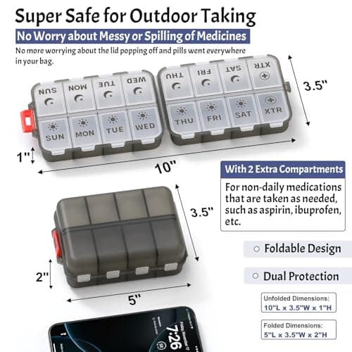 Foldable Weekly Pill Organizer 2 Times a Day with 2 Extra Compartments - Etched Label - Portable 7 Day AM PM Medicine Box, Week Daily Travel Pill Case Holder for Meds, Vitamin, Supplement, Clear Black - Thumbnail 3