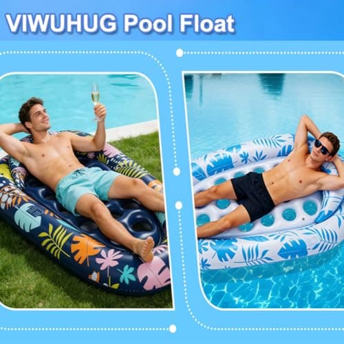 VIWUHUG 2 Pack Blue Giant Inflatable Pool Floats 78x55 Inches Pool Floats Adult Mat with Headrest & Cup Holder Lake Float Raft Water Lounger Multi-Use Swimming Floaty for Party Beach Outdoor - Thumbnail 5