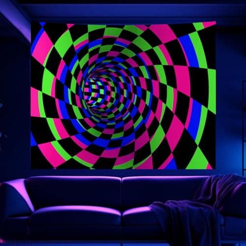 Atrippy Black Light 3D Posters Wall Tapestry for Bedroom, UV Reactive Checkered Tunnel Decor,Blacklight Upright Backdrop Wall Hanging for Gaming Dorm Living Room 51"x60" - Thumbnail 3