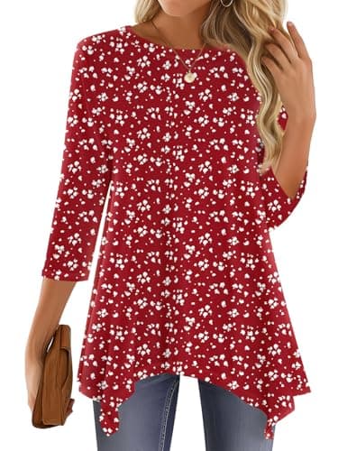 JUSTFASHIONNOW Tunic Tops for Women Loose Fit Dressy Casual 3/4 Length Sleeve Womens Spring Plus Size Tops Ladies Floral Clothing（Floral Red，XX-Large - Thumbnail 2