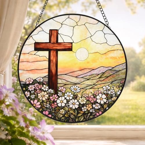 8 Inch Stained Glass Cross Sunset for Windows Hanging, Stained Glass Gift, Christian Gifts, Religious Gifts, Christian Cross, Window Decor, Religious Faith Gift for Easter, Mother's Day, Christmas
