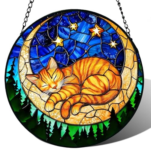 Stained Glass Window Hanging, Orange Sleeping Cat Suncatcher for Door Home Decor Moon Starry Night Sun Catcher Ornament Mother's Day Birthday Gifts for Women Men Mom 6.3 in - Image 1