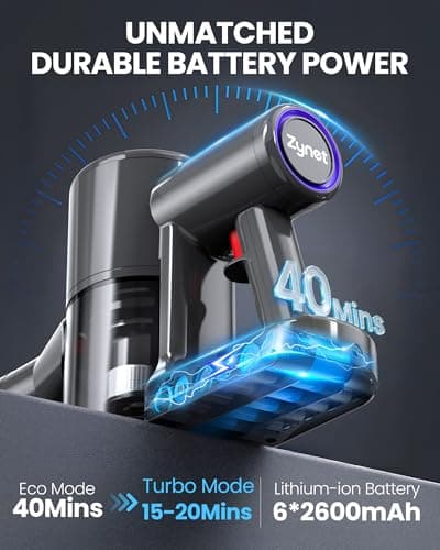 Zynet S8 Cordless Vacuum Cleaner, 500W/45KPA/40Mins Lightweight Stick Vacuum for Home, LED Display and Green Headlights, 6-Stages Filtration, Self-Standing Vacuum for Hard Floor, Carpet and Pet Hair - Thumbnail 5