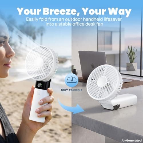 HAWANA Portable Handheld Fan, High Speed mini handheld fan with LED Display, travel fan 180° Foldable Desk Fan with Base, 5 Speed small fan for Outdoor Activities, Travel, Beach, White - Thumbnail 2