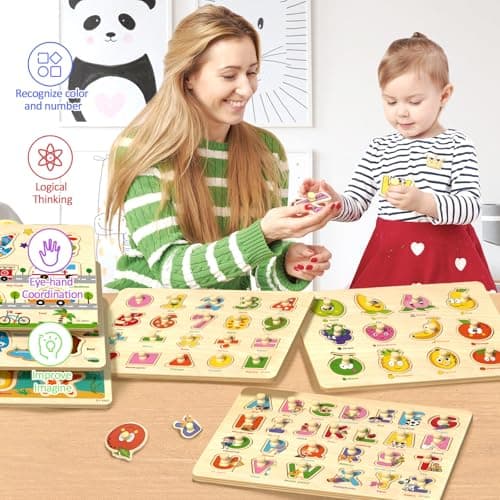 edutree Wooden Peg Puzzles for Toddlers 2-4, 6 Pack Educational Peg Puzzles Montessori Toys, Learning Puzzles for Kids Girs Boys 1-3 3-5 with Alphabet Number Animal Vehicle Shape - Thumbnail 6