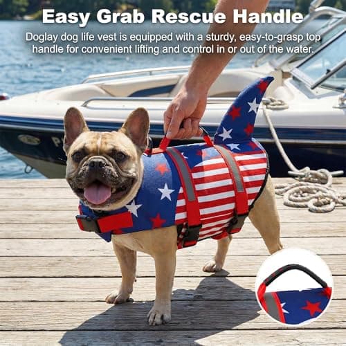 Doglay Dog Life Jacket, Ripstop Cute Shark Dog Life Jacket with Superior Buoyancy and Rescue Handle, Adjustable Dog Life Vests for Swimming Boating, Pet Flotation Vest for Small Medium Large Dogs - Thumbnail 4