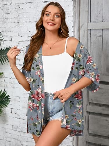 AusLook Plus Size Printed Cardigan for Women 4X Short Sleeve Lightweight Open Front Shrug with Pockets for Dresses and Layering - Thumbnail 3