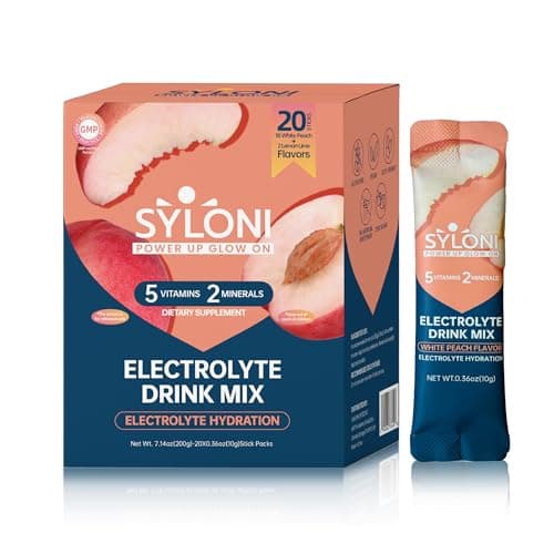 Syloni Electrolytes Powder Packets, White Peach(0.36 oz*20 Sticks), Sugar Free Hydration Packets Electrolyte Drink Mix with 7 Vitamins and Electrolytes, Keto Friendly, Vegan, Gluten Free