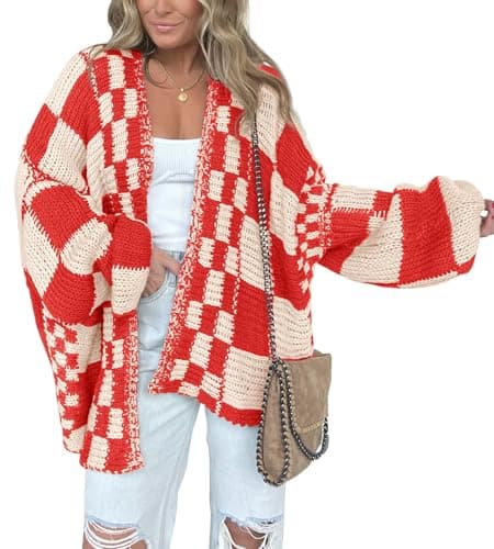 BTFBM Casual Cardigan Sweater for Women Fall 2025 Long Sleeve Open Front Chunky Knit Sweaters Checkered Outwear Coat(Red,X-Small) - Image 1