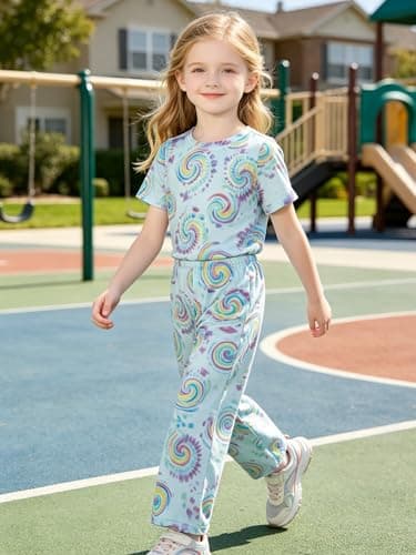 LUCKYLI Girls Summer Outfits Rainbow Spiral Tie Dye Style Short Sleeve Tops and Long Pants 2 Piece Fashion Clothing Sets 4-12Y (White/Rainbow, 9-10Y) - Thumbnail 5