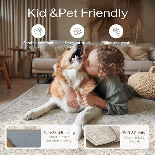 HUGEAR 3x5 Machine Washable Area Rugs Vintage Grey - Neutral Non Slip Stain Resistant Low Pile Aesthetic Throw Carpet Kids & Pet Friendly for Living Room Kitchen Dining Room Laundry - Thumbnail 4
