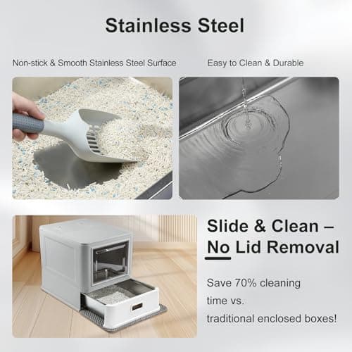 Marchul Enclosed Stainless Steel Cat Litter Box XL with Lid & Deeper Drawer Design for Indoor Cats, Metal Covered Litter Box, Baffles for Anti-Leakage, with Litter Scoop & Litter Mat - Thumbnail 3