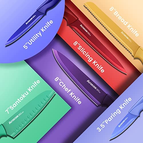 Astercook Knife Set, 12 Pcs Color-Coded Kitchen Knives Set, 6 Color Anti-Rust Coating Stainless Steel Chef Knife Sets with 6 Blade Guards Dishwasher Safe - Thumbnail 4