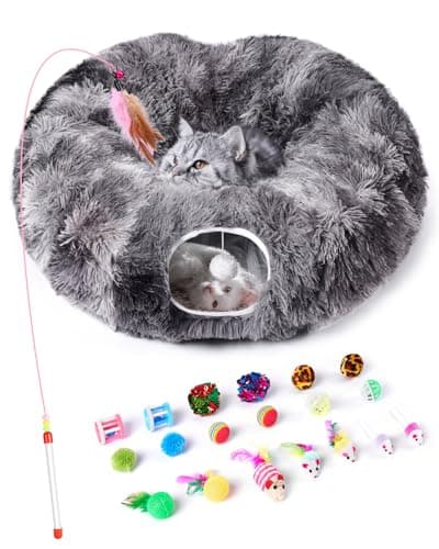 Cat Tunnel Bed with 20 Pcs Interactive Toys, 3-in-1 DIY Collapsible Plush Cat Tube with Washable Mat, Large Indoor Play Tunnel Cave for Kittens and Small Animals - Image 1