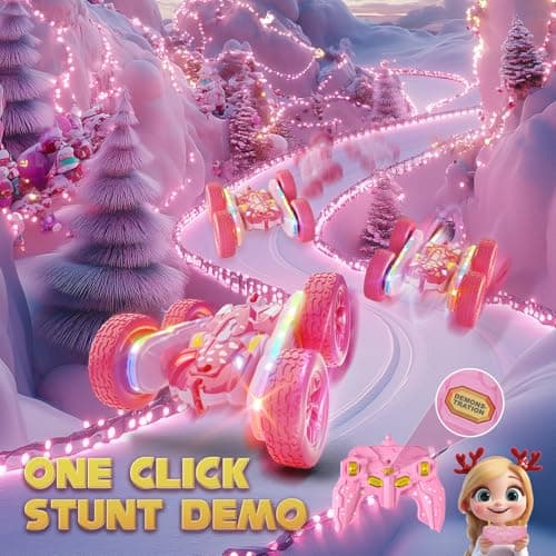 Terucle Remote Control Car for Girls, Pink RC Cars Stunt RC Car Girl Toys for Girls Double-Sided 360° Rotating with Headlights 4WD Kid Toys for Birthday Gifts (Pink) - Thumbnail 4