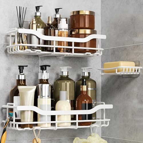 OMAIRA 3-Pack Shower Caddy with Soap Holder, Adhesive Rustproof No-drill Strudy Loading Inside Shower Organizer Shelves Rack Storage Bathroom Organization for Smooth Wall Glass Tile, White (X-Large) - Thumbnail 2