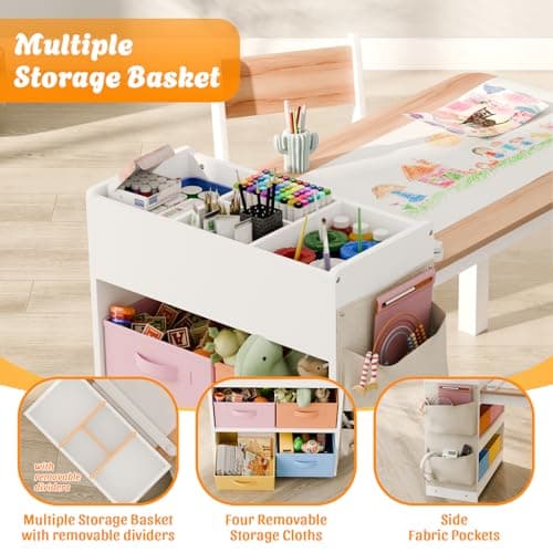 IKALIFE Kids Art Table and Chair - Toddler Craft Table and Chairs Set with 2 Chair & Bins, Large Storage Kids Activity Desk with Paper Roll for Playrooms & Classroom, 40" L x 20" W, Natural - Thumbnail 3