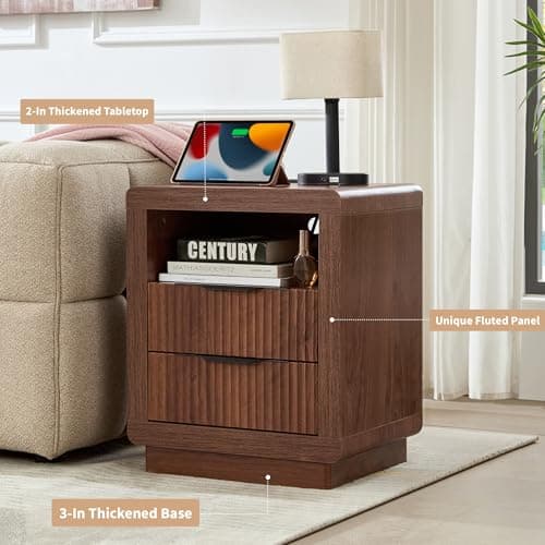 YANSNWO Walnut Nightstand with Charging Station, 23.6" H Modern Bedside Table with Thickened Curved Profile Design, End Table with 2 Drawers for Bedroom - Thumbnail 3