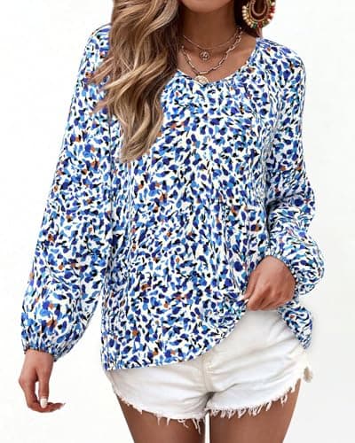 Zenlonr Womens Fall Tops Dressy Casual 2025 V Neck Satin Silk Printed Shirts Boho Long Sleeve Work Blouses(White Blue Flower,Small) - Thumbnail 2