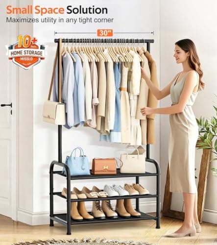 MISSLO Sturdy Clothing Racks for Hanging Clothes with 3 Shelves Garment Rack Heavy Duty Clothes Rack with Shoe Storage for Coats, Garment, Dress, Black - Thumbnail 5