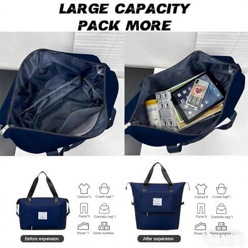 Large Capacity Foldable Travel Bag, Sports Shoulder Bag, Duffel Bag, Wet and Dry Separation, Waterproof Oxford Fabric (Blue, Large) - Thumbnail 3