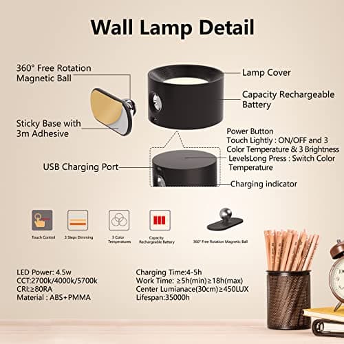Deyagoo LED Wall Sconce, Wall Mounted Lamp with Rechargeable Battery Operated USB Port 3 Color Temperature & 3 Brightness Level 360°Rotate Magnetic Ball, Cordless Light for Reading Study Bedside - Thumbnail 4