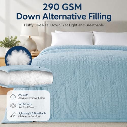 Fuzzysense Cooling Comforter Queen Size – Q-Max 0.4 Seersucker Reversible Cooling Blanket, Lightweight Breathable Summer Quilt for Hot Sleepers & Night Sweats, Ice Blue - Thumbnail 3