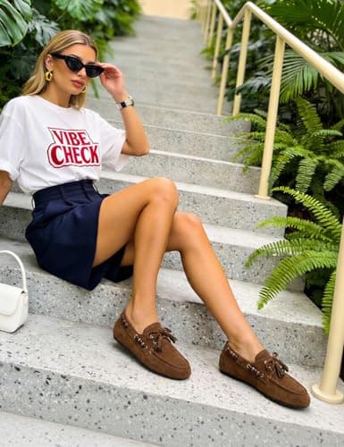 QIY Brown Suede Flats Loafers for Women Fringe Beaded Moccasins Dressy Lace up Driving Loafers Comfortable Lightweight Office Casual Wear Flats Size 10 - Thumbnail 3
