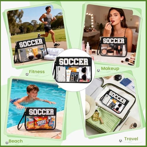 PEVART 2-Piece Soccer Gifts Makeup Snack Bag Chenille Letter Patch | Large Soccer Clear PVC Travel Zipper Pouch Accessories Stuff Waterproof Portable Sport Bag for Boys, Girls - Thumbnail 5