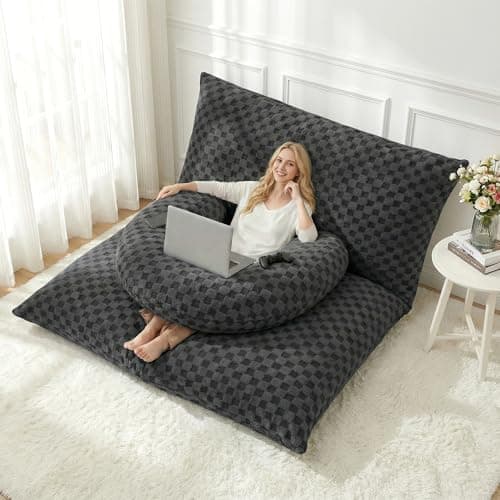 HABUTWAY 3 in 1 Bean Bag Chair with Portable U-Shaped Pillow, Giant Bean Bag with Washable Cover, Convertible Sofa Bed (Dark Grey) - Image 1