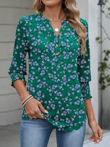 ANRABESS Women's 3/4 Sleeve Henley Blouse, Soft V Neck Top for Dressy Casual, Work & Business Office Wear Green Purple Floral XX-Large - Thumbnail 6