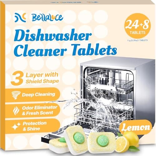 Dishwasher Cleaner Tablets - Dishwasher Cleaner And Deodorizer Tablets Lemon Scented, Heavy Duty Deep Clean Descaler Pods for Septic Safe, Prevents Buildup & Odor, Natural Limescale Remover (32 Pack) - Image 1