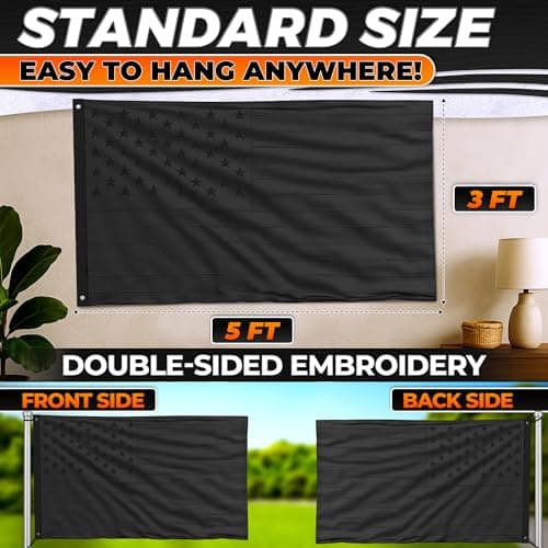 3x5 Ft Black American Flag for Wall & Pole – Black Flag: 210D Fade-Resistant Oxford with Embroidered Stars, Sewn Stripes, Brass Grommets – Patriotic Display for Home, Garage, Outdoor | Veteran Tribute - Thumbnail 2