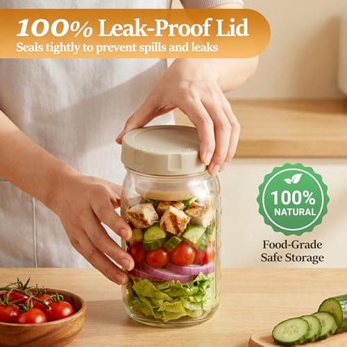 Xelyra Glass Salad Jar 4 Pack 32oz with Lids for Meal Prep, Salad Container for Lunch, Jars with Dressing Cup, Mason Container, Meal Prep Jars - Thumbnail 6