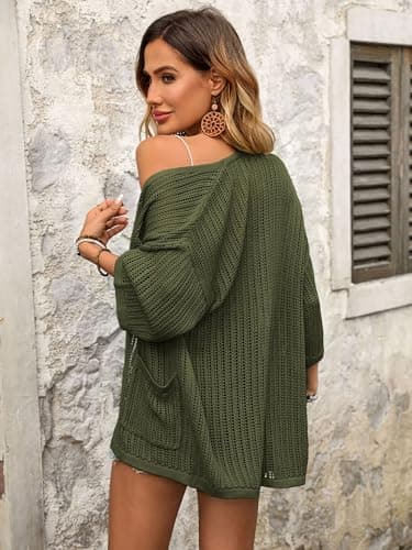 BB&KK Summer Cardigans for Women 3/4 Sleeve Open Front Knit Lightweight Crochet Cardigans with Pockets Army Green XL - Thumbnail 5