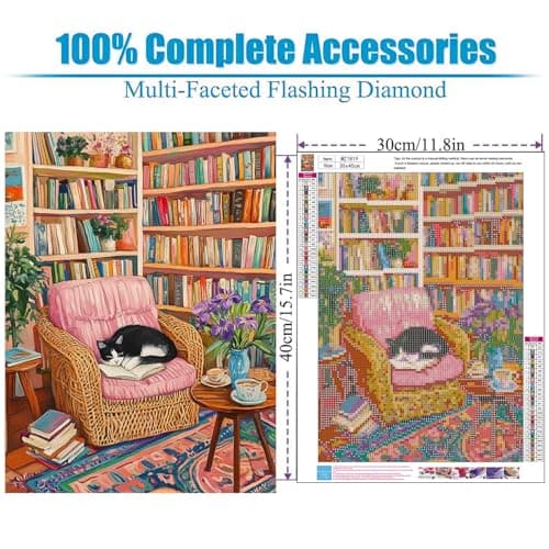 Lophomie Diamond Art Kits for Adults, 5D DIY Book and Cat Diamond Painting for Adults Beginners, Diamond Dots Kits Gem Arts Crafts for Home Wall Decor 12x16 Inch(Bookshelf) - Thumbnail 4