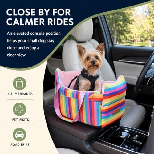 Cullaby Console Dog Car Seat for Small Dogs - Anti-Collapse Center Console Armrest Booster Seat, Sturdy Pet Travel Seat with Safety Tether, Cozy Washable Cushion, Puppy Up to 15lbs (Colorful Stripes) - Thumbnail 2