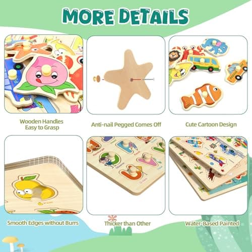 edutree Wooden Peg Puzzles for Toddlers 2-4, 6 Pack Educational Peg Puzzles Montessori Toys, Learning Puzzles for Kids Girs Boys 1-3 3-5 with Alphabet Number Animal Vehicle Shape - Thumbnail 3