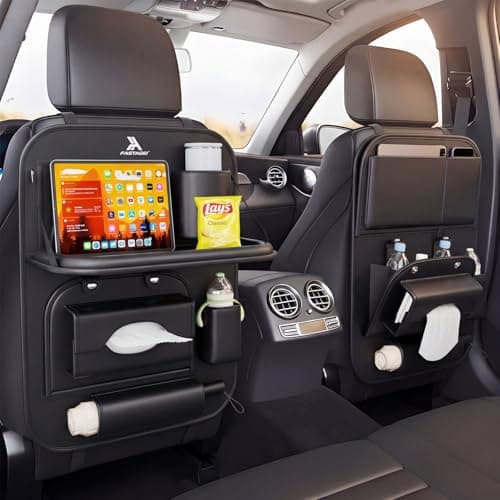 FASTAGEI 2 Pack Universal Premium Leather Foldable Car Backseat Organizer with Table Tray, Car Seat Back Protector with Garbage Bag Touch Screen Pad Holder, Car Kick Mats with Tissue Box (Black)
