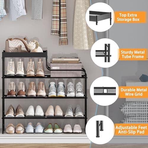 4 Tier Free Standing Shoe Racks with Storage Box, Metal Shoe Organizer for Closet with Sturdy Wire Grid, Large Capacity Shoe Rack Organizer for Entryway Corridor Living Room Balcony Bedroom, Black - Thumbnail 4