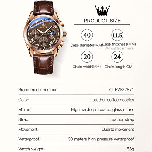OLEVS Mens Watches Casual Brown Leather Mens Watch Rose Gold Analog Waterproof Chronograph Watch for Men Classic Vintage Quartz Date Moon Phase Men's Wrist Watches Reloj para Hombre - Thumbnail 6