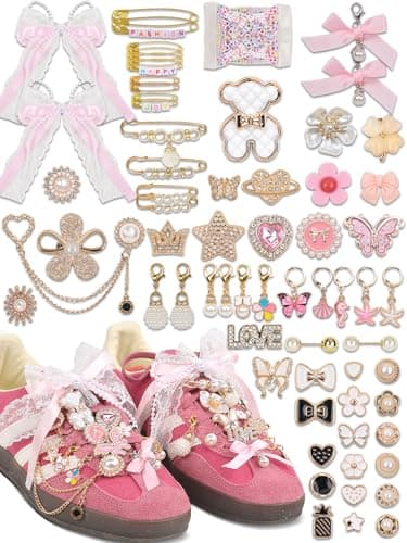 yuboo 258 Pcs Pink Shoe Charms for Sneakers-Pink Bow Pearl Lace Letter Bear Butterfly Jewelry Pins Junk Socks Charm Set, Stylish DIY Shoe Decorative Sneaker Charms for Laces, Shoes, Bags, Socks, Hat - Image 1