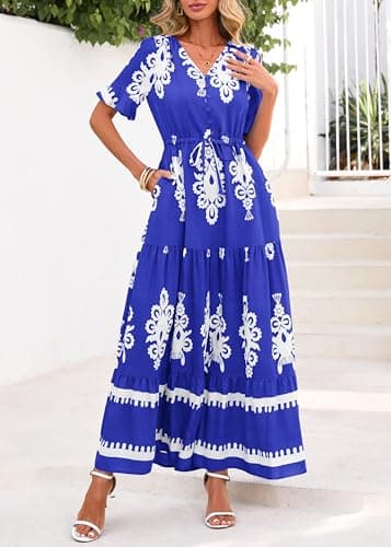 Lazysmile Summer Dresses for Women Short Sleeve V Neck Floral Drawstring Flowy A Line Boho Maxi Dress with Pockets Blue - Thumbnail 3